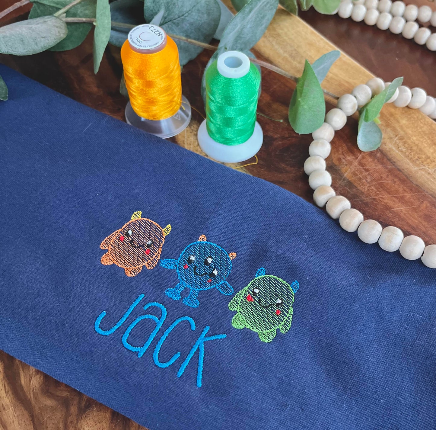 Kid's Personalized Embroidered Monster Trio T-Shirt