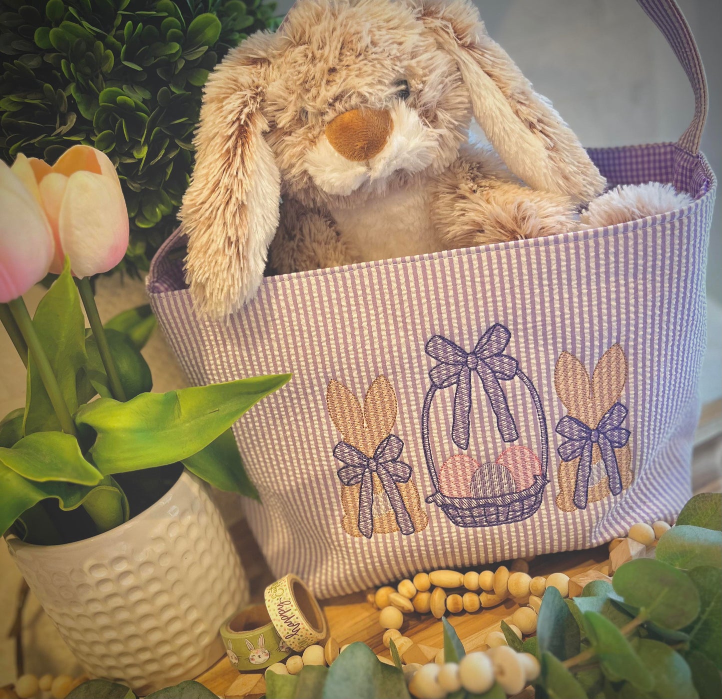 Embroidered Easter Basket - 2 Bunnies & Basket