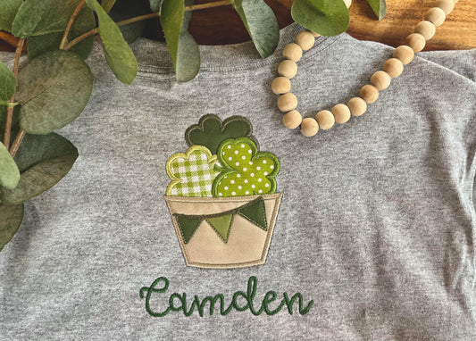Kid's Personalized Embroidered Bag of Shamrocks Applique T-Shirt