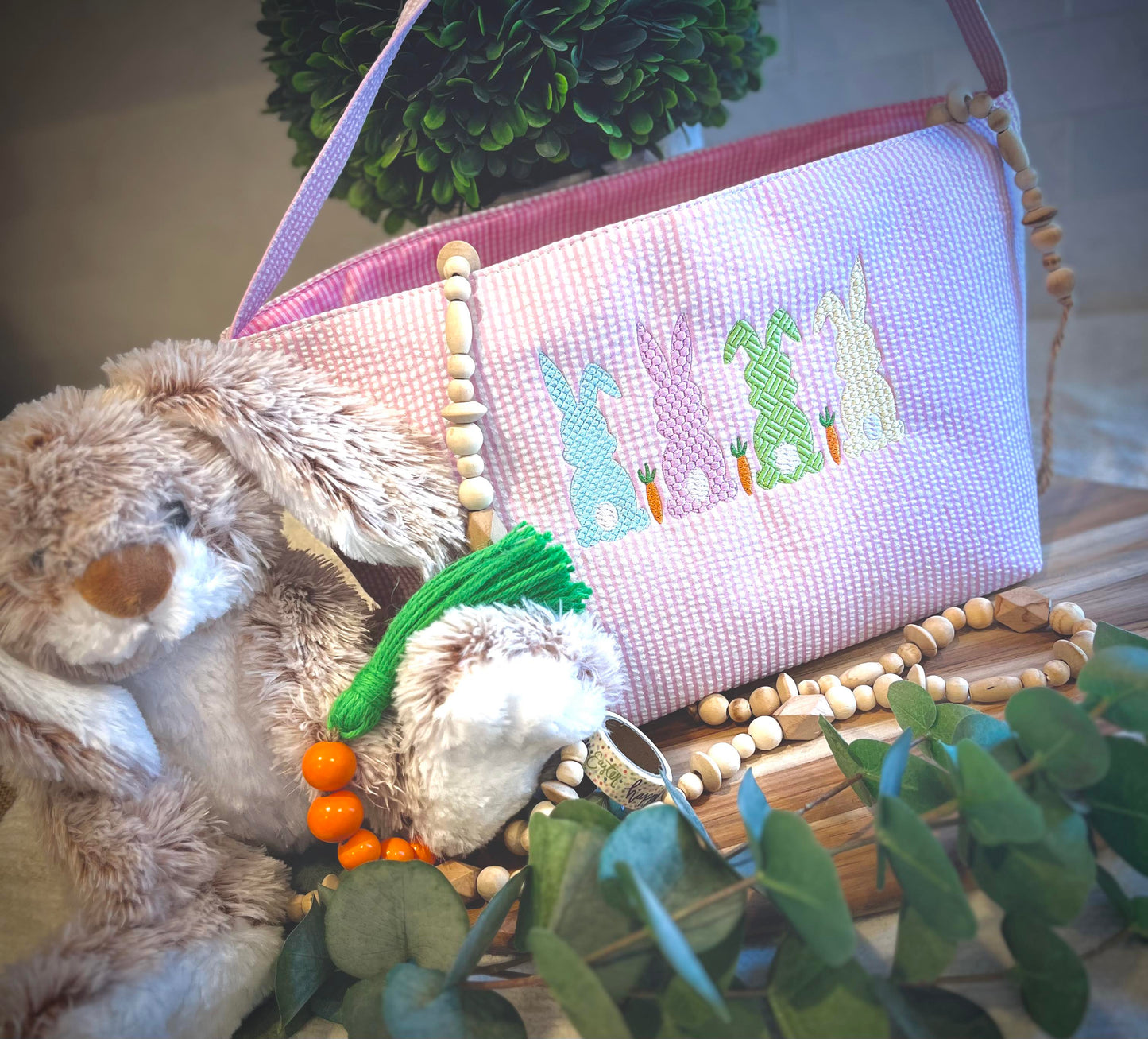 Embroidered Easter Basket - Textured Bunnies